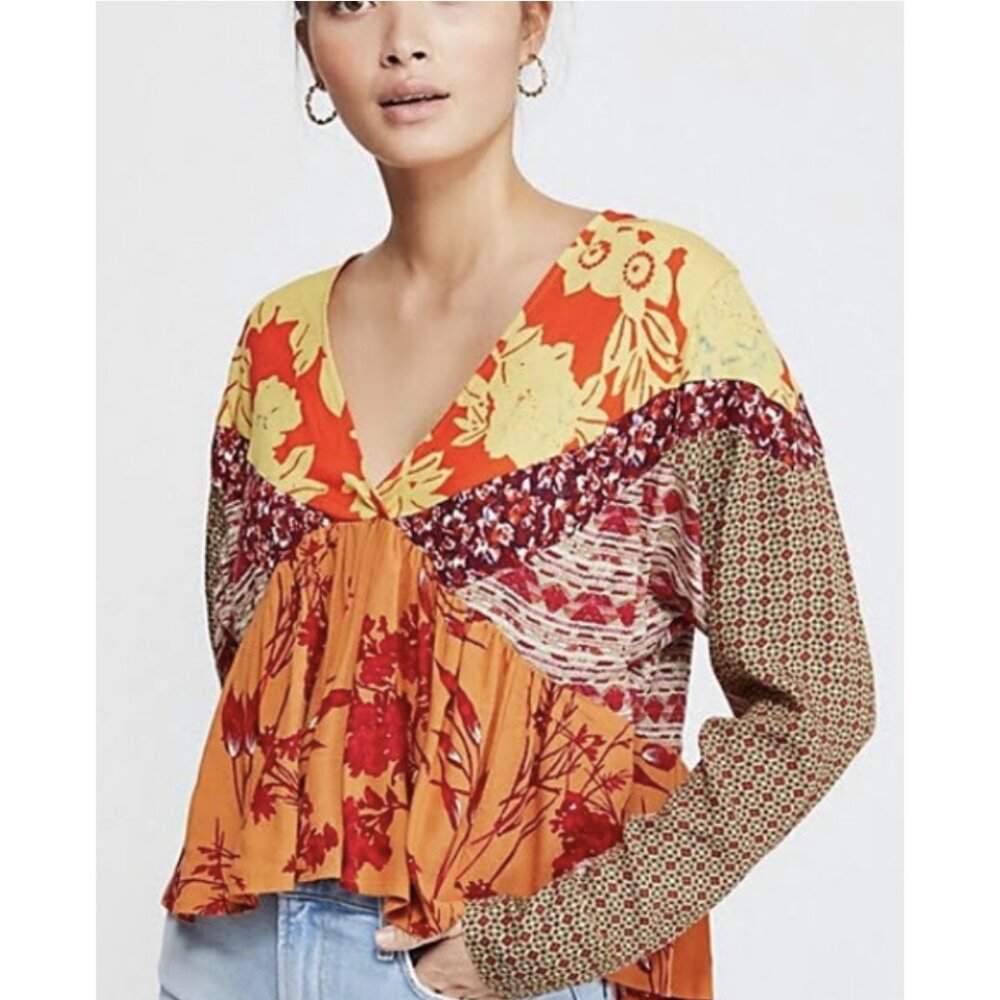 FREE PEOPLE Aloha State of Mind Tunic Top Patchwork Boho Swing Festival Cropped